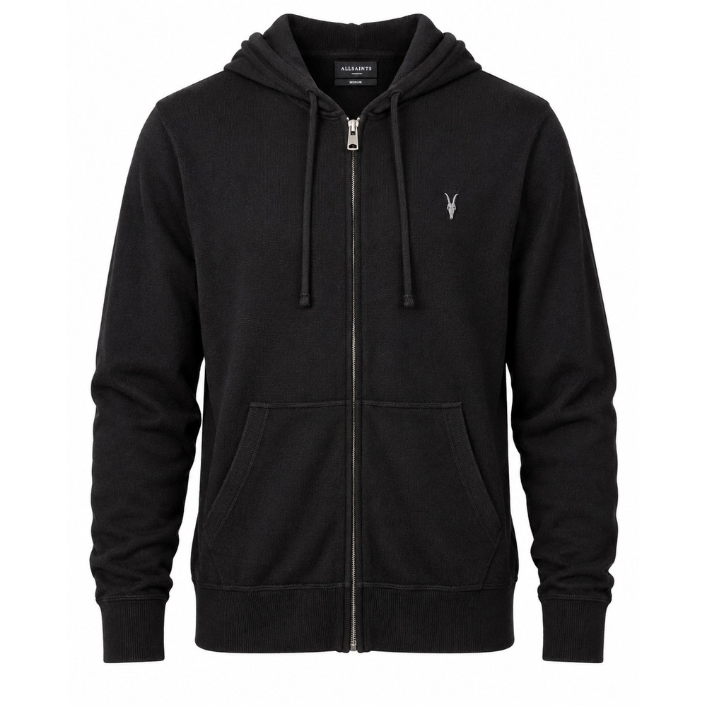 AllSaints Men's Medium Black 100% Merino Wool Lightweight Zip Hoodie Ramskull